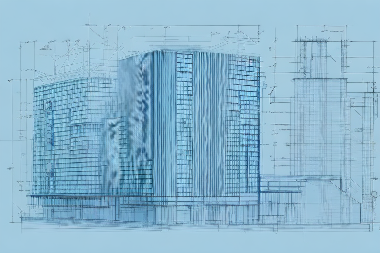 A blueprint of a building with a stylus and construction helmet on it