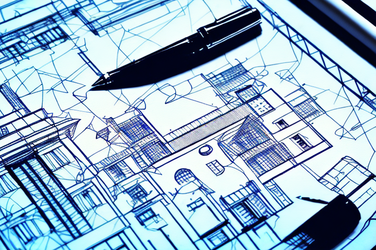 A building blueprint with a pen and a stamp on a desk