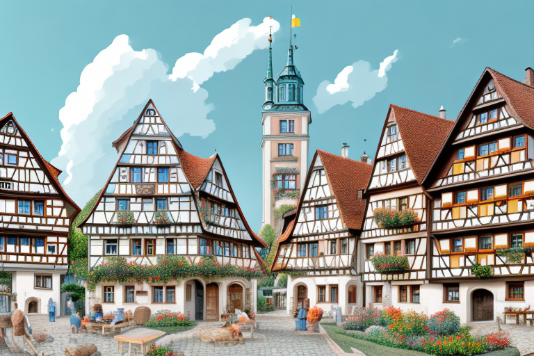 A quaint german village with architectural blueprints and a building permit prominently displayed in the foreground