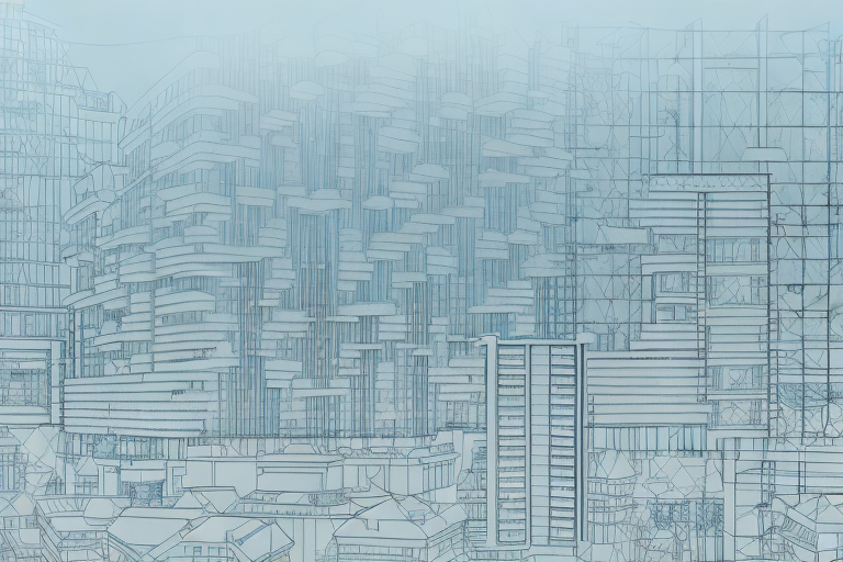 A cityscape of kreuztal featuring prominent buildings and a few construction blueprints and planning documents scattered in the foreground