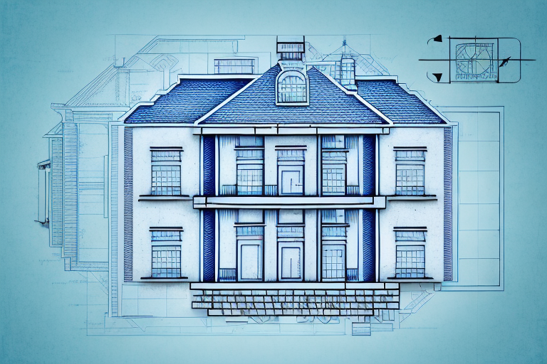 A blueprint of a residential house with a pen and a rubber stamp