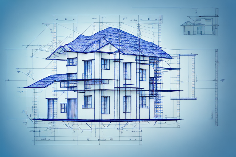 A construction blueprint with a small model of a house on top
