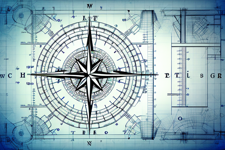 A construction blueprint spread out with a ruler and compass