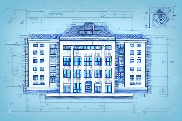 A building blueprint with a pen and a stamp