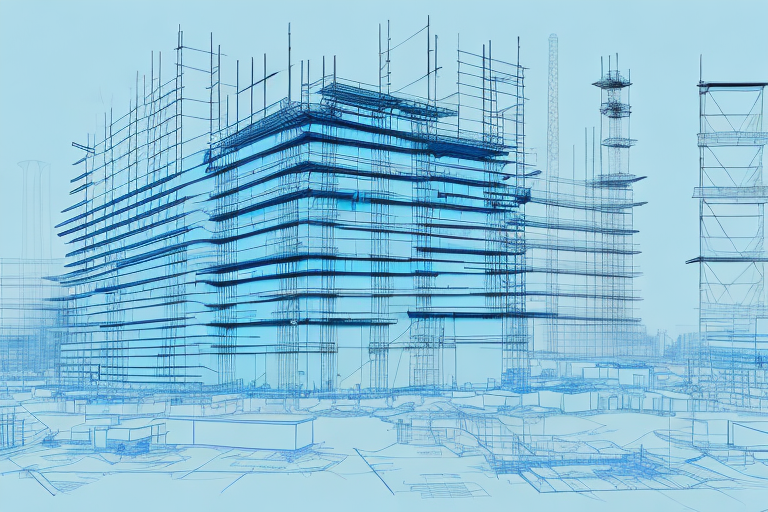 A construction site with architectural blueprints