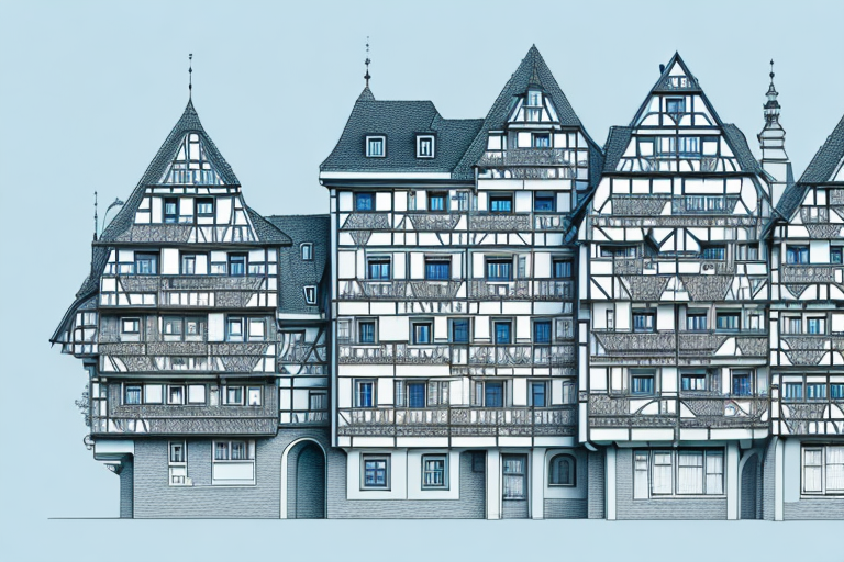 A typical german village with architectural blueprints superimposed on it