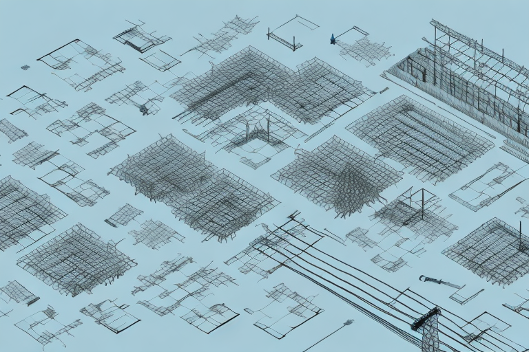 A construction site with various tools and blueprints