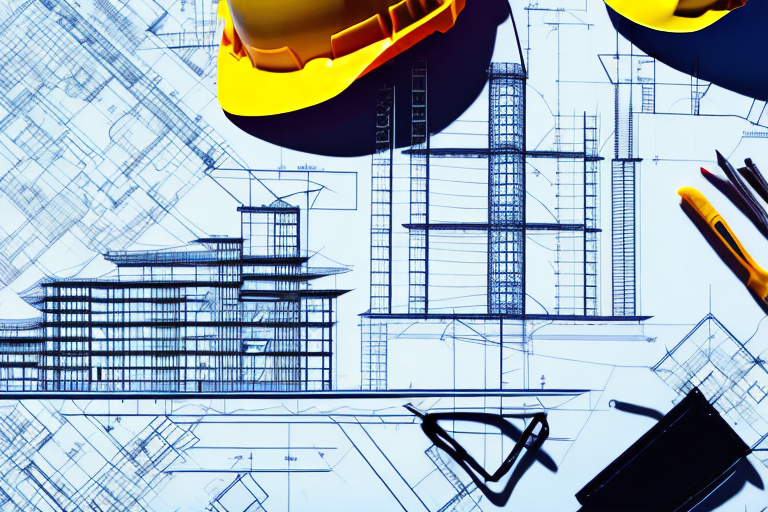 A construction blueprint placed on a table with a hard hat and a few architectural tools