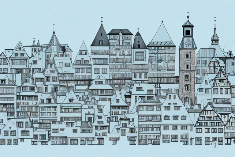 A cityscape of krumbach (schwaben) with highlighted architectural landmarks and a blueprint of a building