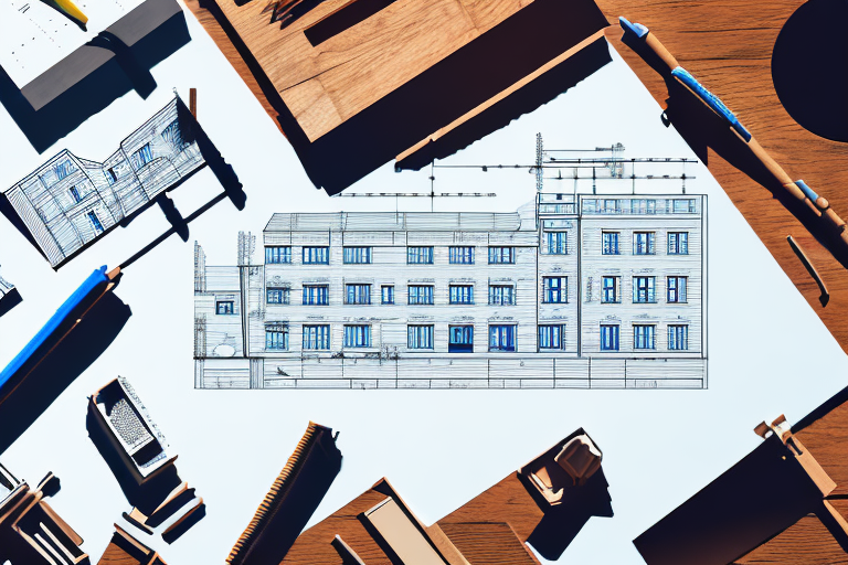A building blueprint with a pen and a rubber stamp on a wooden table