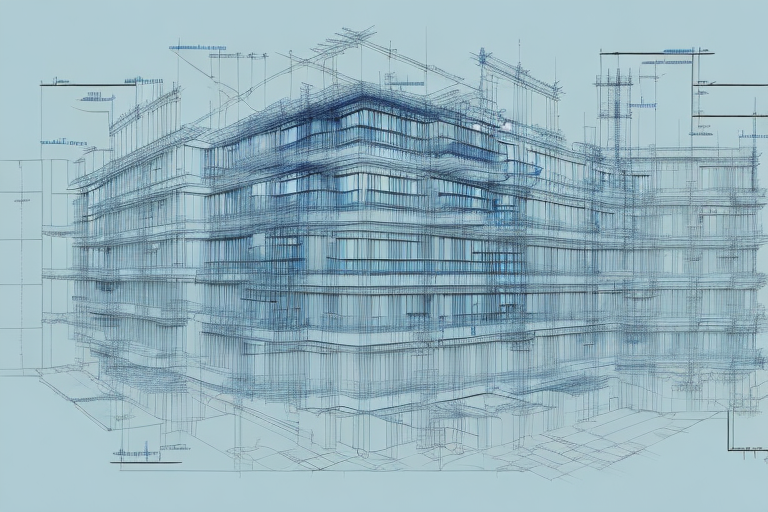 A construction blueprint with a stylized view of krusenfelde in the background