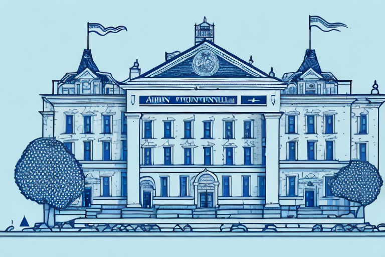 A small town with a prominent town hall building