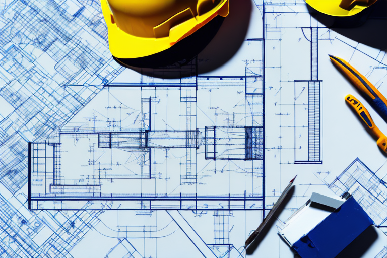 A construction blueprint with a hard hat and tools on a table