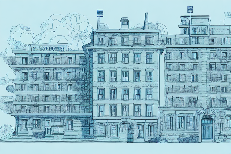 A quaint sibbesse town landscape with a blueprint of a building and a rubber stamp