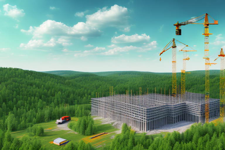 A construction site with various building tools and blueprints