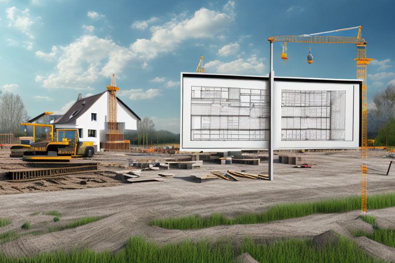 A construction site in a rural area with architectural plans