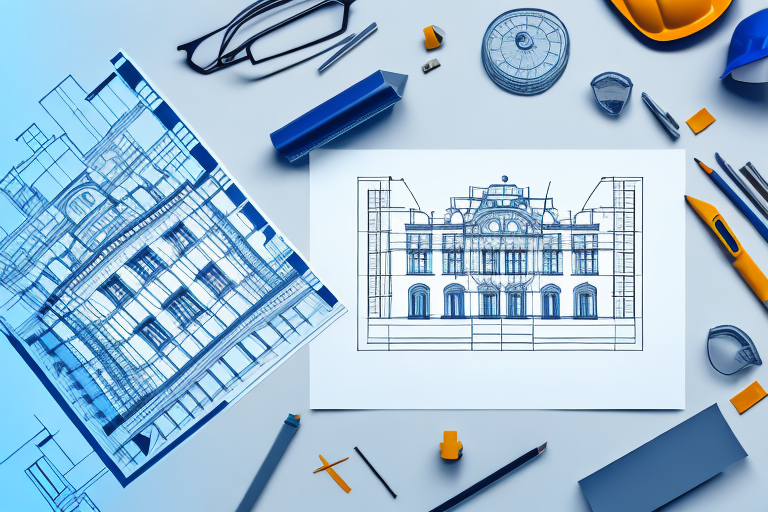 A city hall building in pfaffenhofen with a blueprint and a construction helmet in the foreground