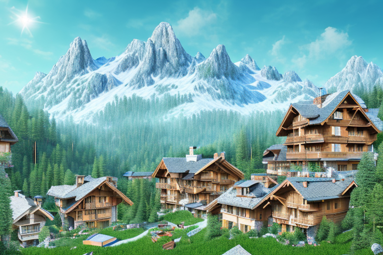 A picturesque alpine village with various stages of construction