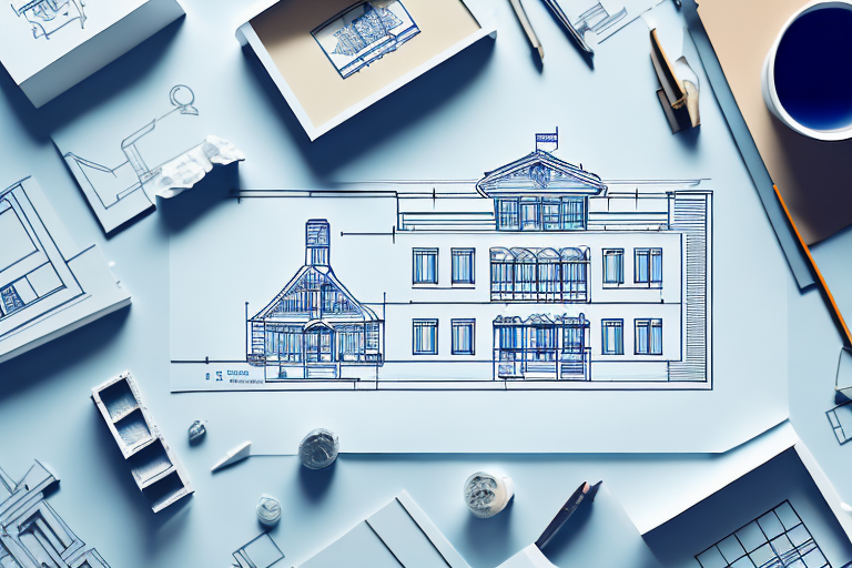 A desk with architectural blueprints