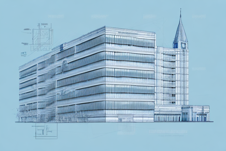 A building blueprint with a pen and a stamp