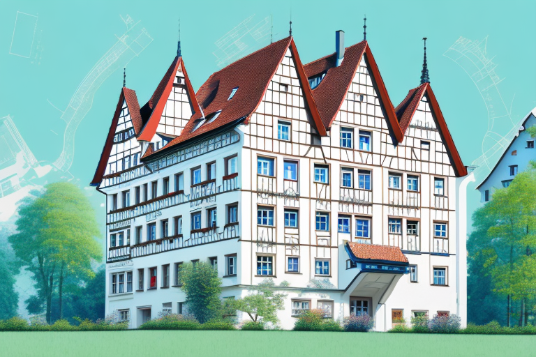 A traditional german house with architectural blueprints in the foreground