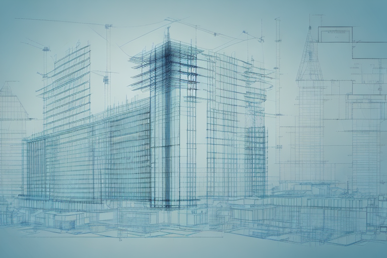 A construction blueprint with a stylized cityscape of rösrath in the background