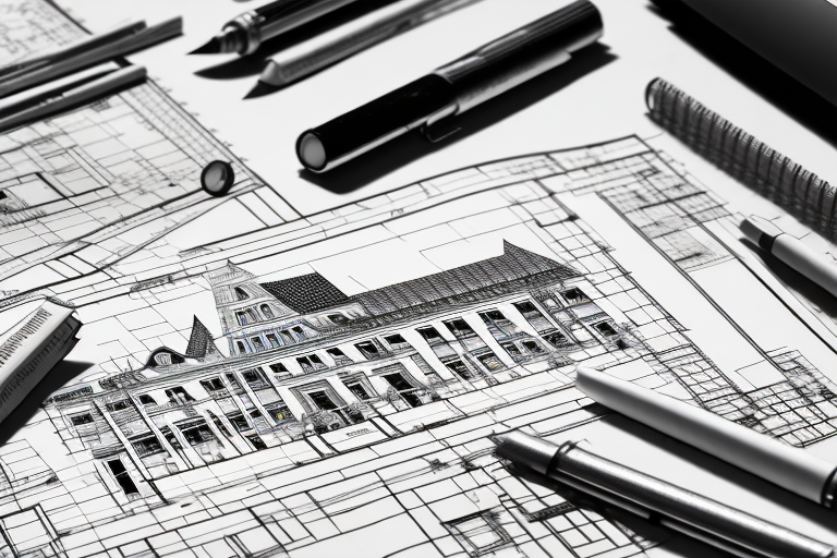 A german town hall with construction blueprints and a building permit on the foreground