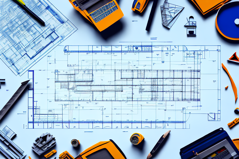 A construction site with a blueprint and a permit on a table in the forefront