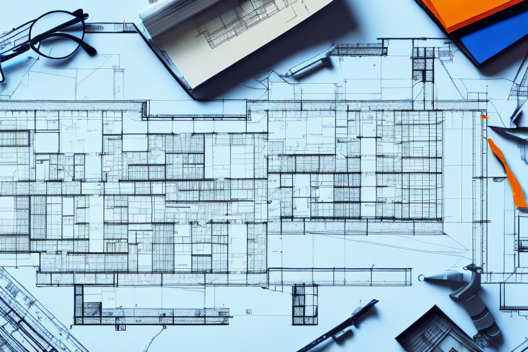 A construction site with blueprints and a building permit on a table
