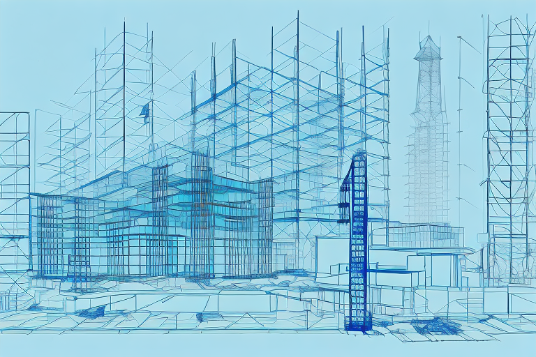 A construction site with architectural blueprints and safety helmets in the foreground