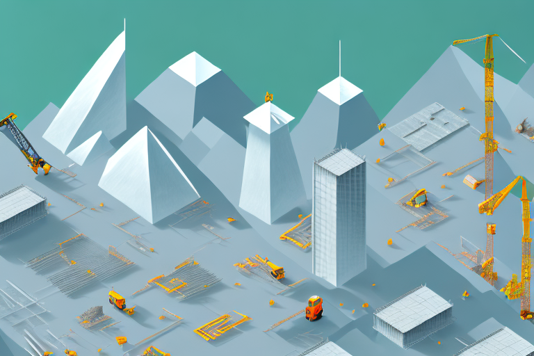 A construction site with various building tools and architectural plans