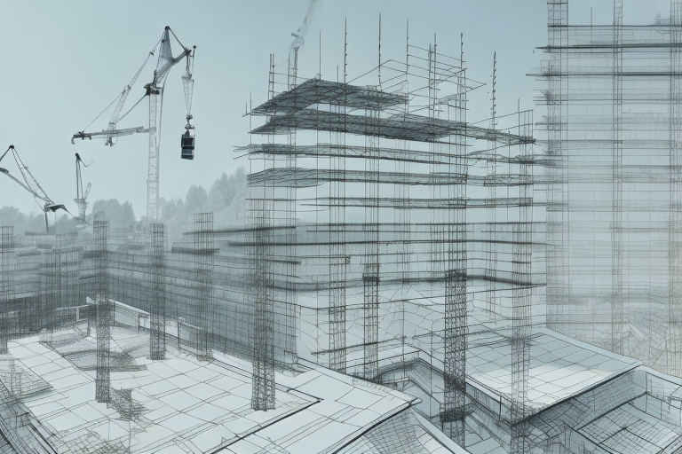 A construction site with architectural plans and building permits in the foreground