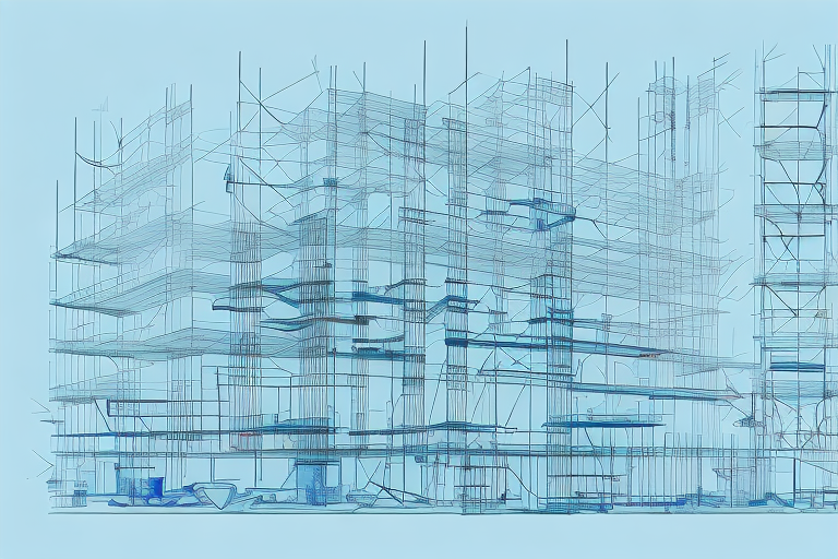 A construction site with various tools and blueprint plans