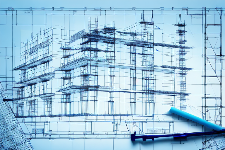 A construction site with architectural blueprints and a permit displayed in the foreground