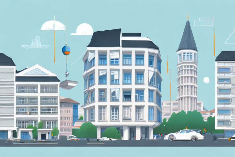 The rüsselsheim am main cityscape with notable buildings and a construction site