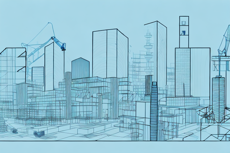 A construction site with various building tools and blueprints