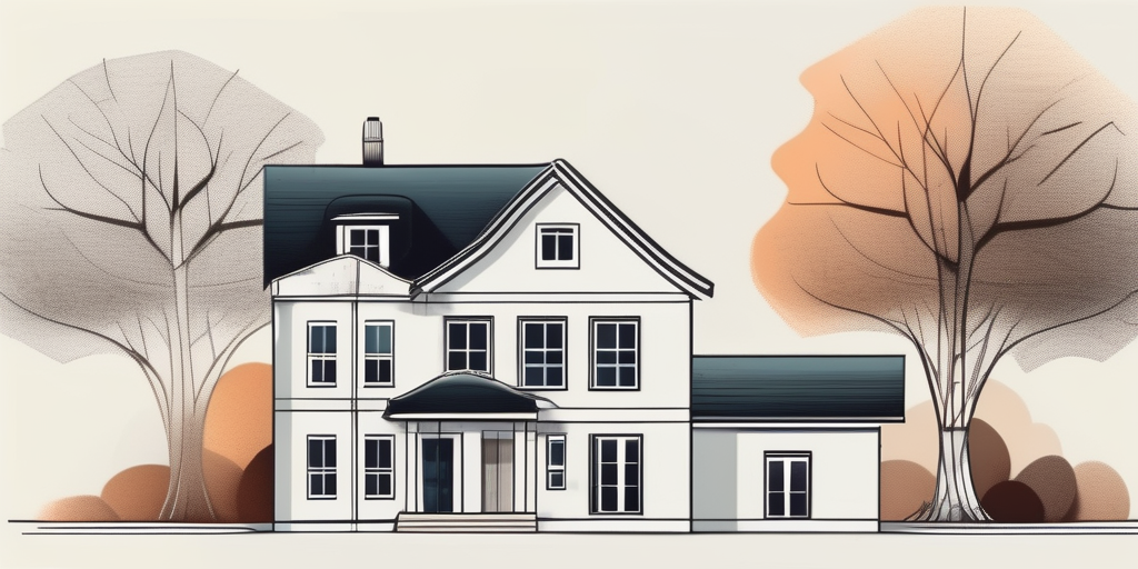 A german-style house with a tax document and a family tree symbolizing inheritance