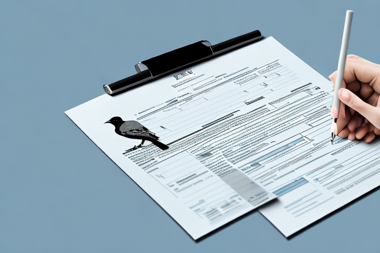 A digitally stylized elster (magpie) perched on a property deed