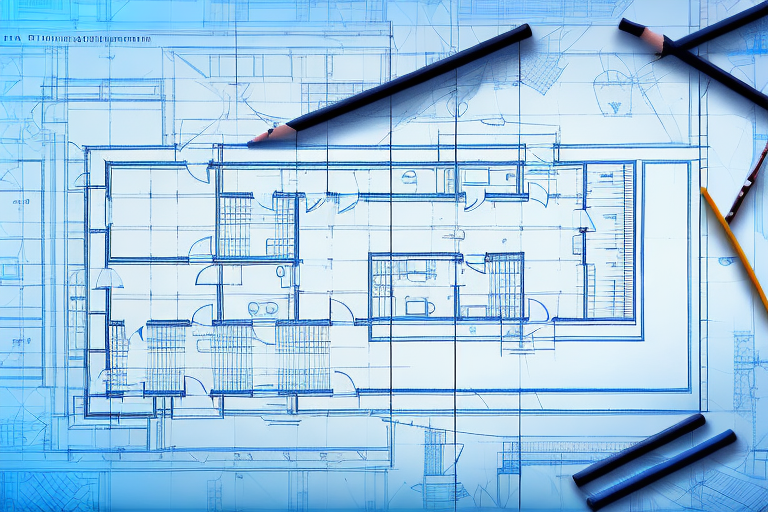 A blueprint of a building plan with a pencil and ruler next to it