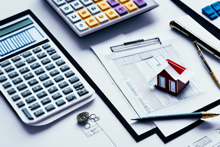 A balance scale with a house model on one side and a calculator on the other
