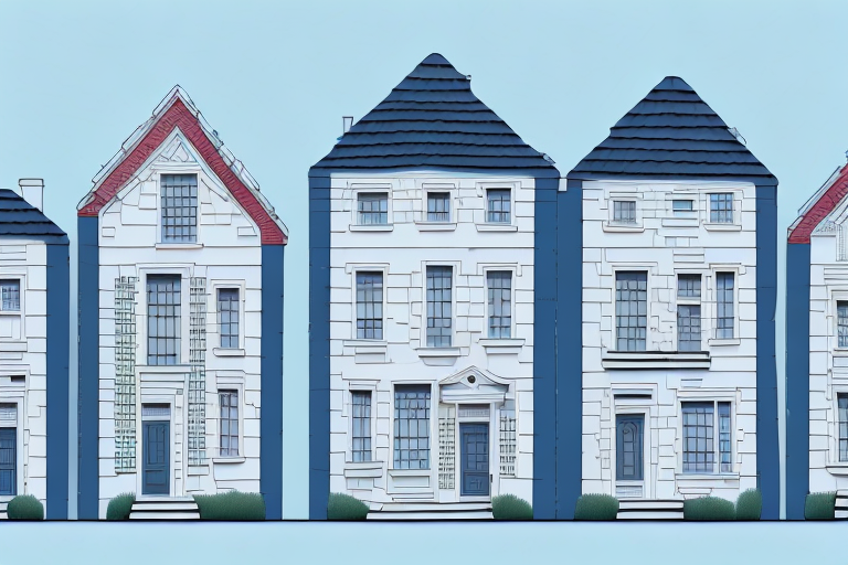 A row of identical houses with varying sizes of plots