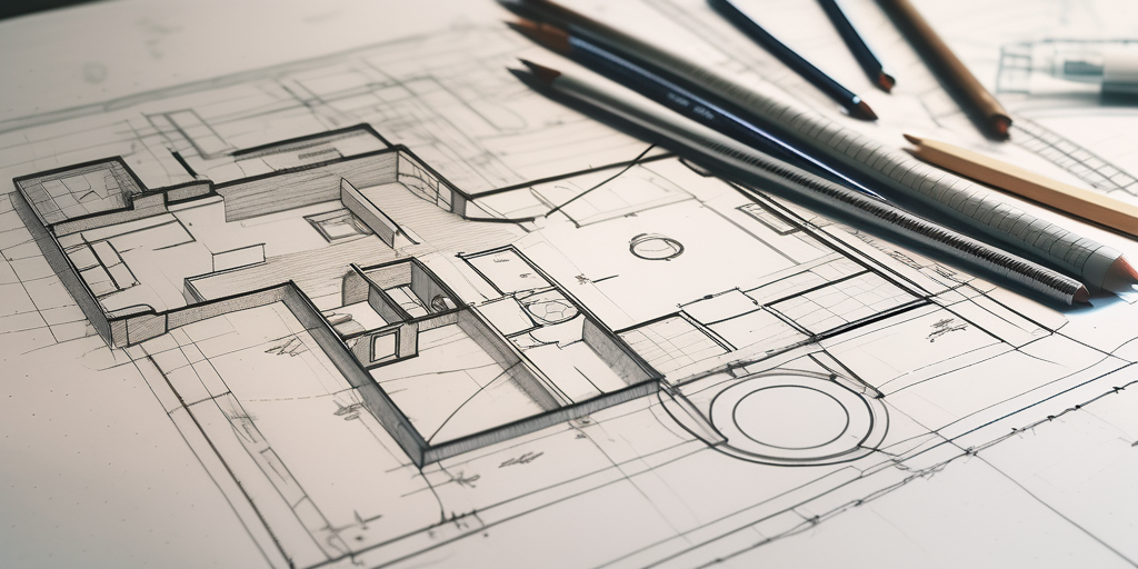 Various stages of a floor plan being drawn