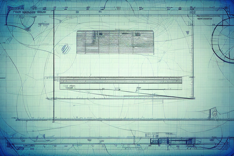 A measuring tape stretched across a piece of land with various markers and a blueprint nearby