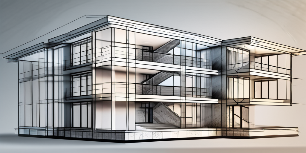 A 3d blueprint of a building with different sections highlighted