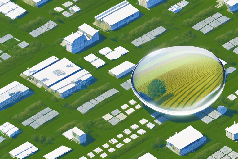 A magnifying glass hovering over a diverse landscape featuring different types of properties like a farm