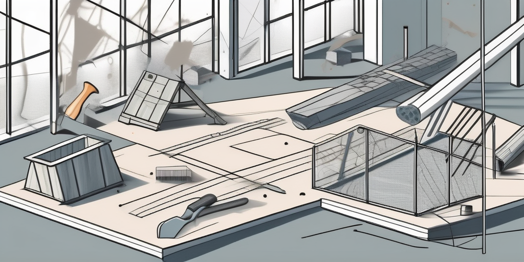 A construction site with various building materials and tools scattered around