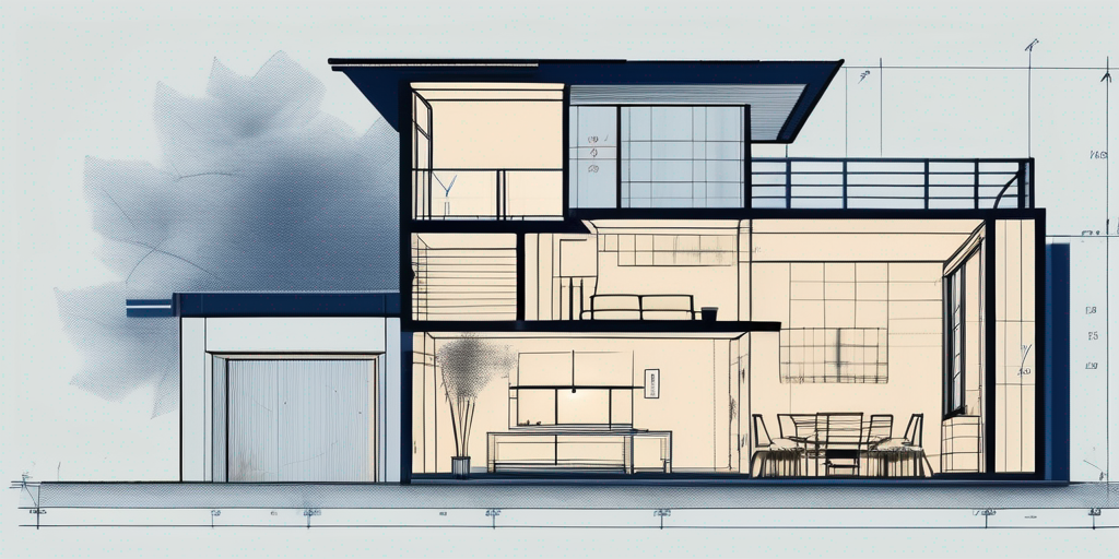 A blueprint of a house with different areas highlighted and a ruler or measuring tape alongside it