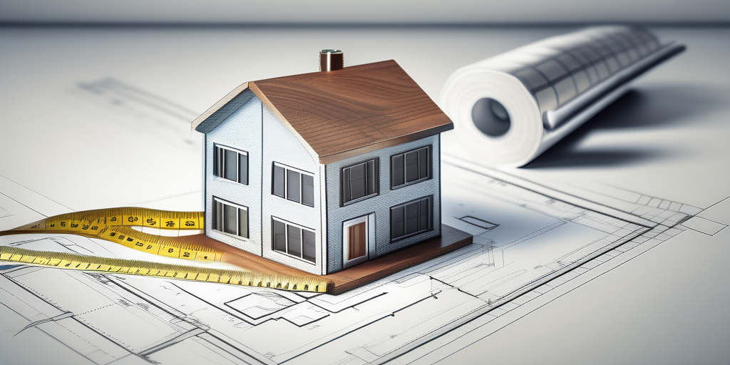 A tape measure stretched across an architectural blueprint of a house