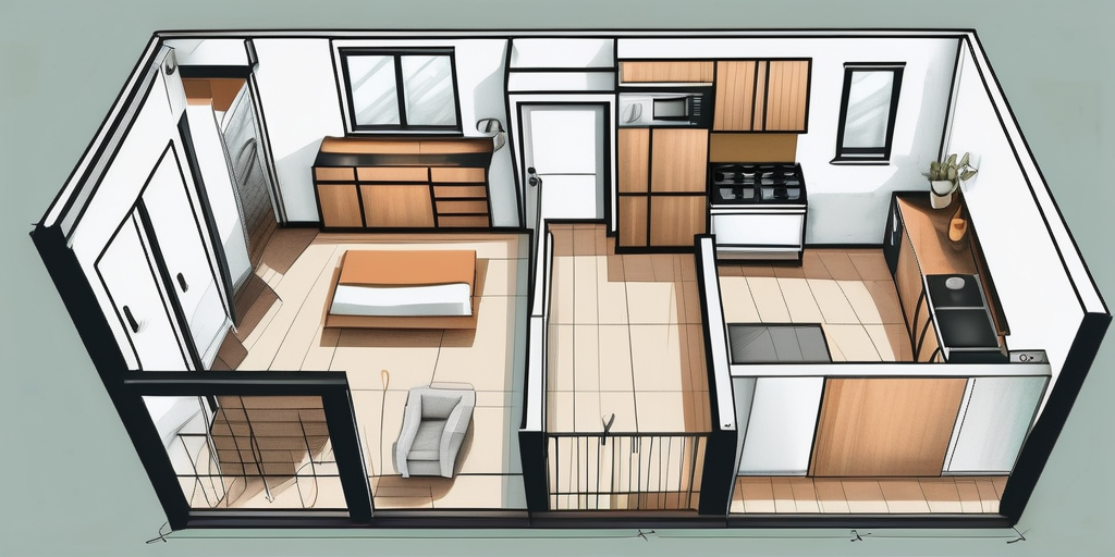 A tape measure extended across the floor plan of a typical apartment