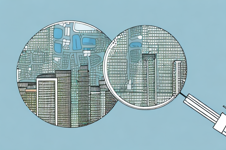 A cityscape with highlighted zoning areas and a magnifying glass hovering over it